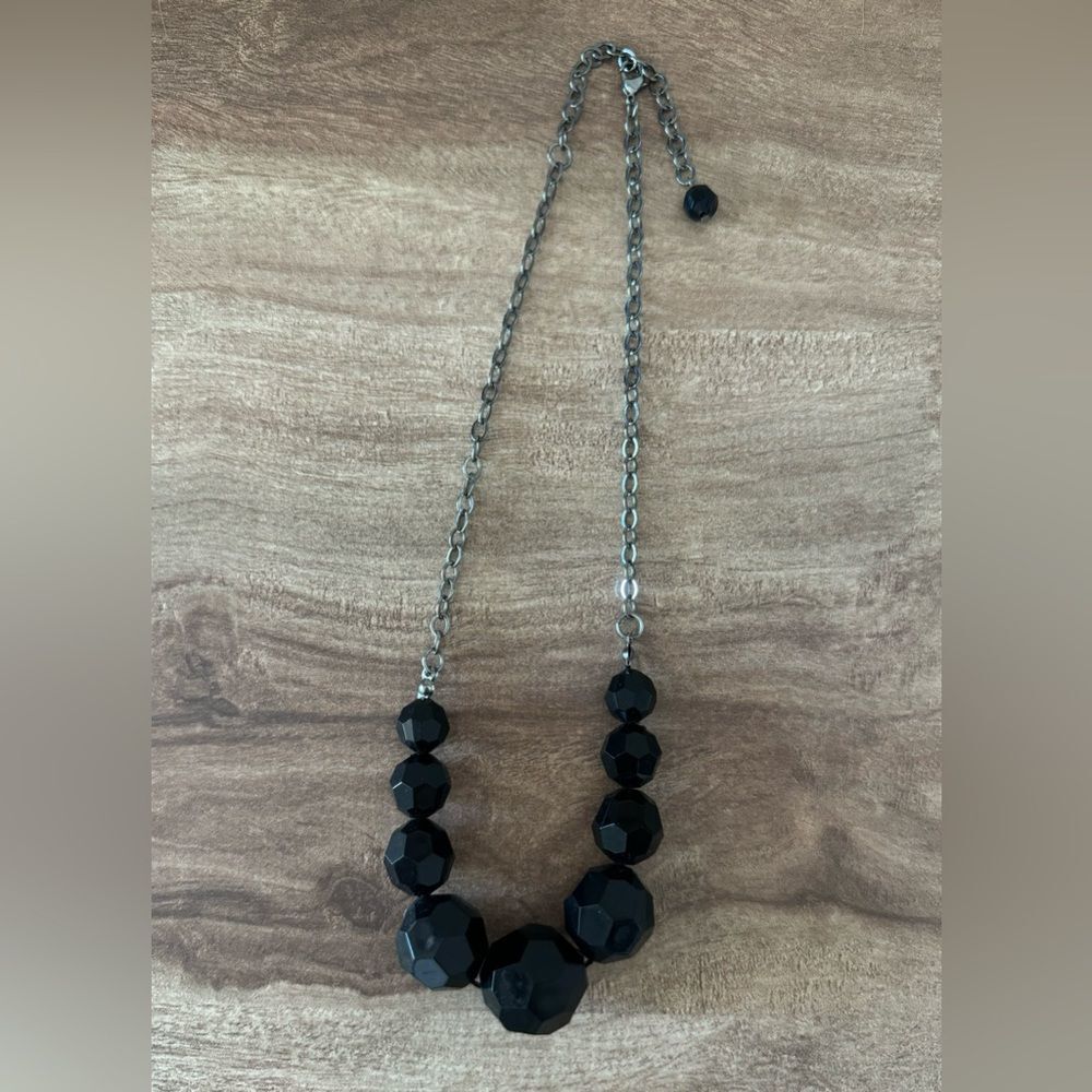 Black Faceted Chunky Beaded Chain Gun Metal Necklace Fashion Costume Piece Dark